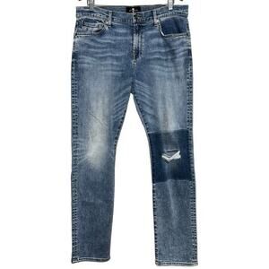 7 For All Mankind Denim 34 x 34 Medium Blue Adrien Ripped Slim Tapered Jeans